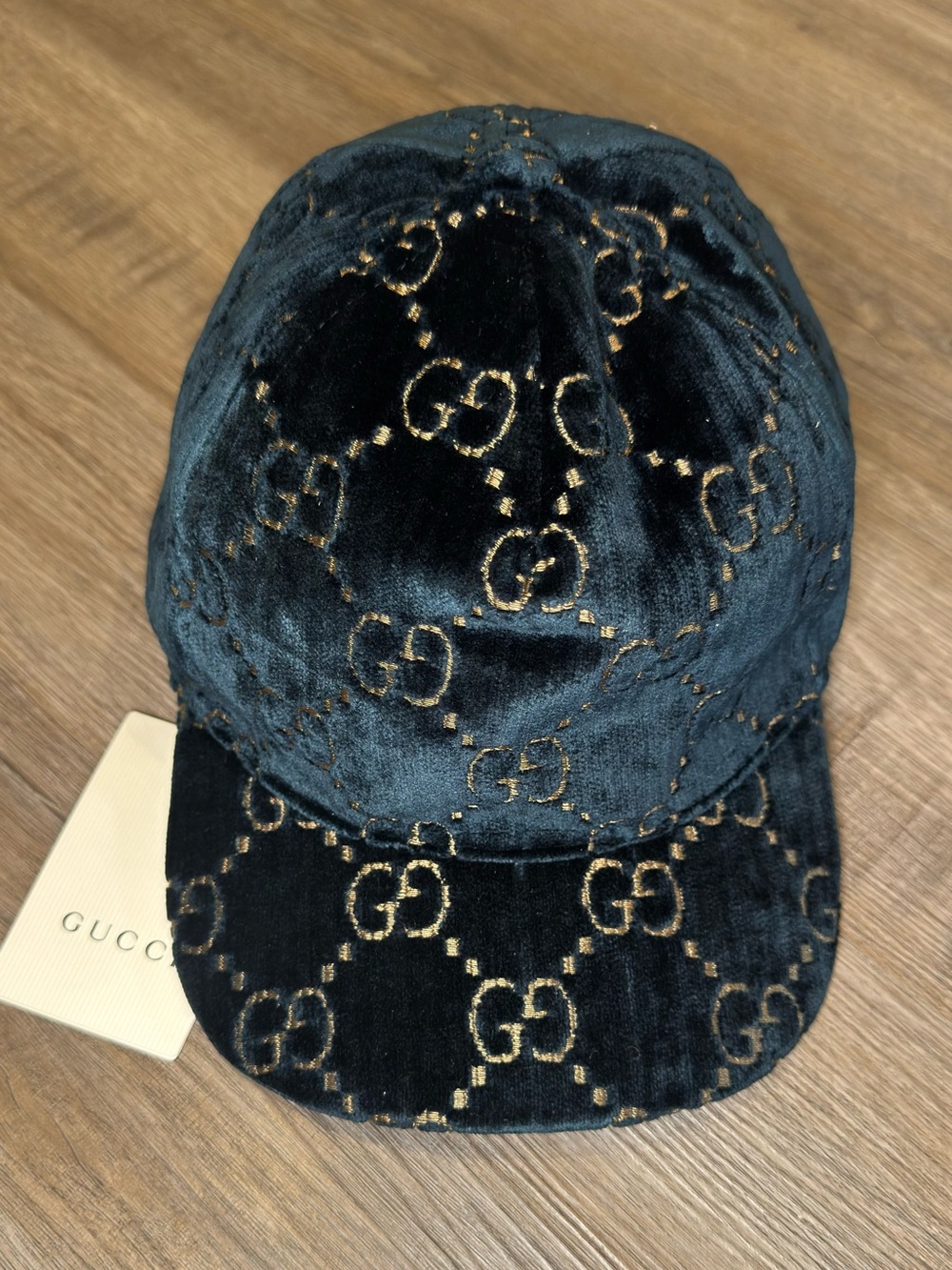 Gucci Double GG Logo Sapphire Blue Gold Velvet Baseball Cap Hat
